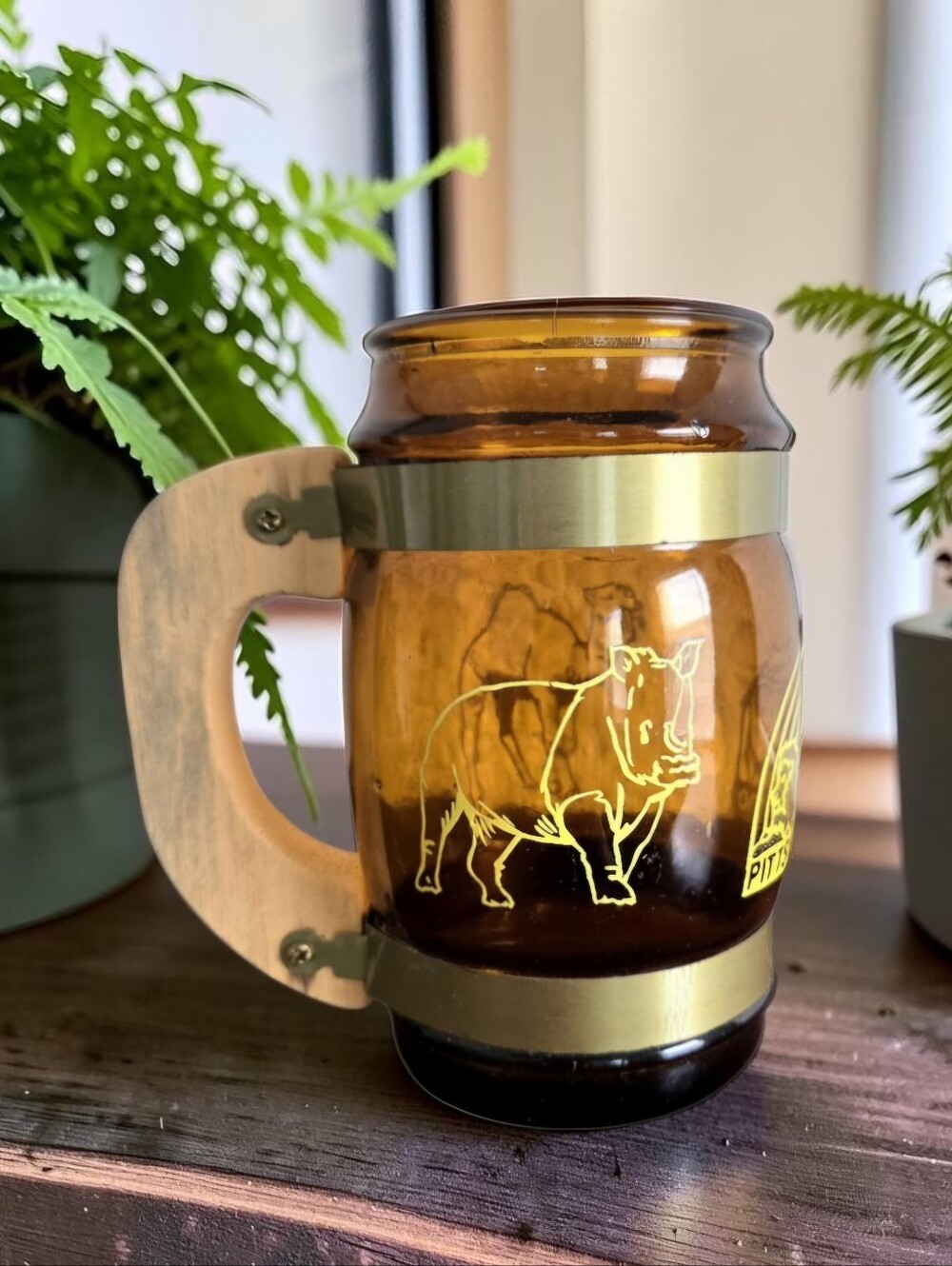 Vintage Pittsburgh Zoo Souvenir Amber Glass Stein Midcentury Animal Mug 14 oz